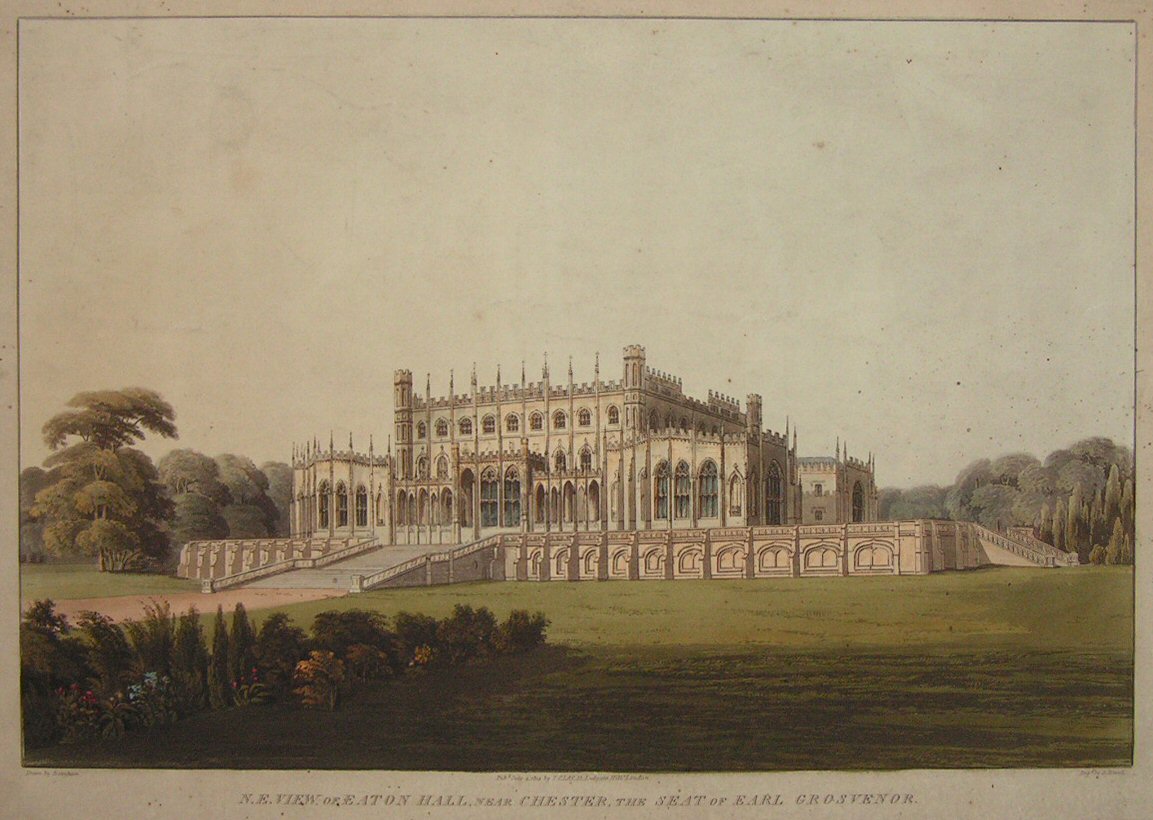 Aquatint - N.E. View of Eaton Hall, Near Chester, the Seat of Earl Grosvenor. - Havell